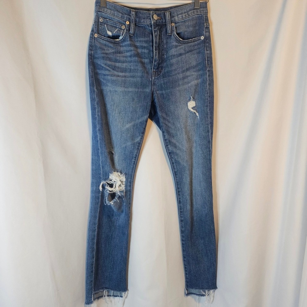 Madewell High-Rise Slim Boyjean Size 24 Blue Distressed Raw Hem Edgy‎ DESC